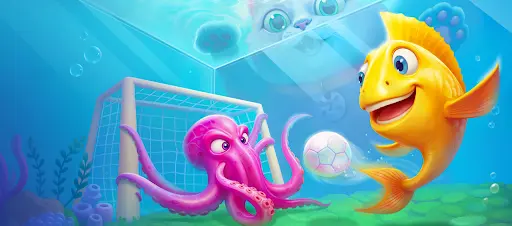Pez dorado sonriente juega al fútbol bajo el agua contra un pulpo rosa en la portería, mientras un gato observa desde fuera del acuario.